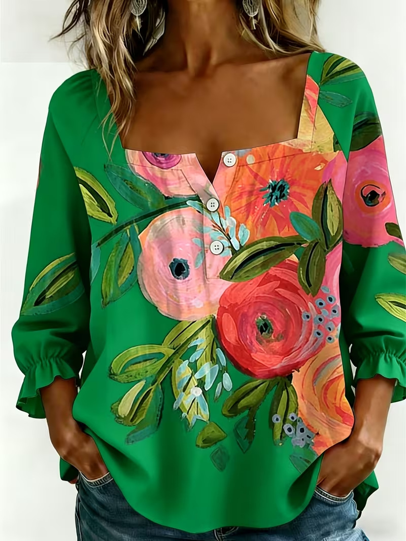 Women's Elegant Floral Print Button-Front Long-Sleeve Blouse