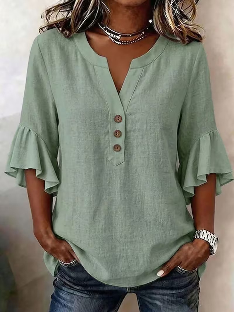 Women's Summer Floral Ruffle-Sleeve V-Neck Blouse