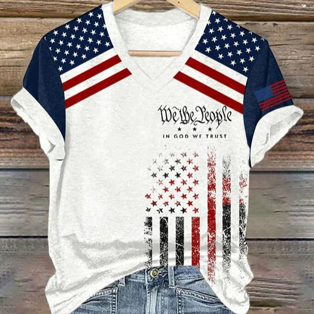 Women's V-Neck Short Sleeve Star Striped Print T-Shirt