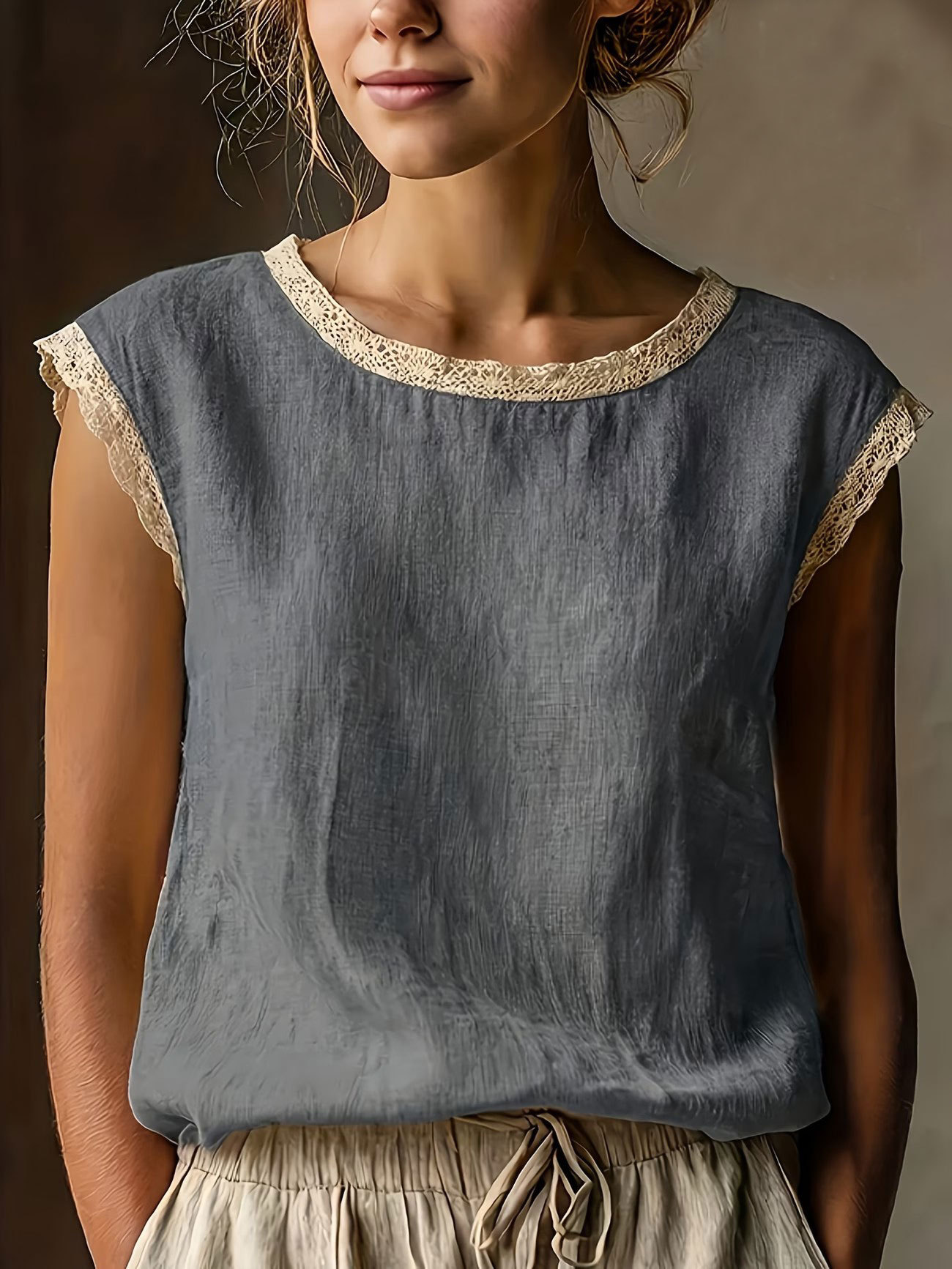 Women's Loose Solid Color Round Neck Lace Sleeveless Cotton Linen Shirt