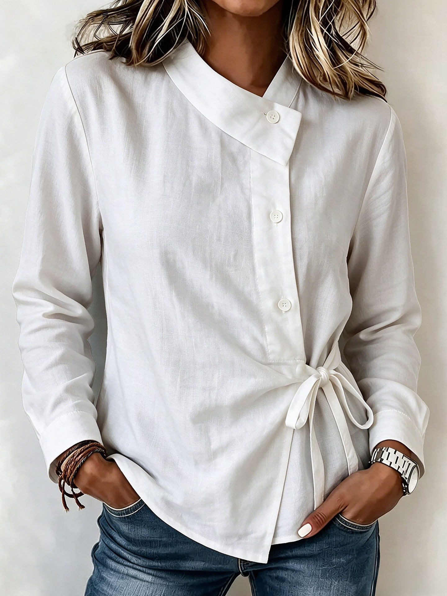 Solid Button-Down Tie-Waist Shirt
