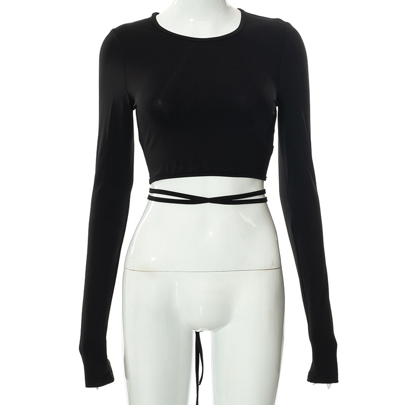 Women's Black and White Print Lace-Up Crop Top T-Shirt