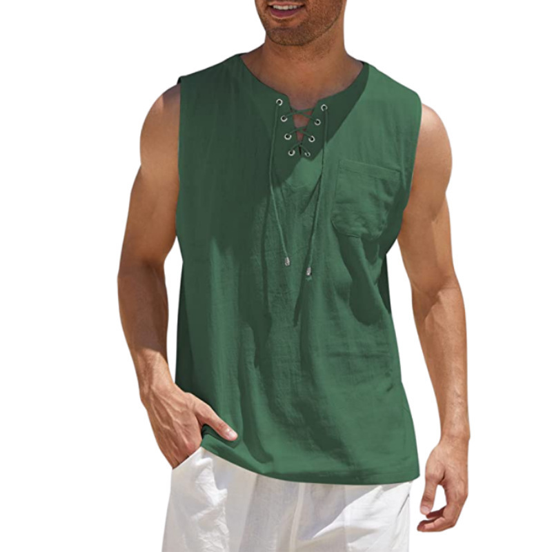 Men's Cotton-Linen Sleeveless Lace-Up Casual Shirt