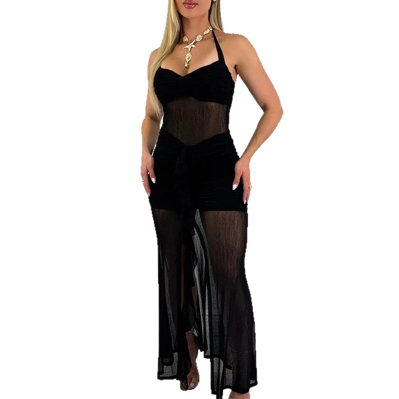 Women's Sheer Mesh Pleated Cami Dress Solid Slim Fit