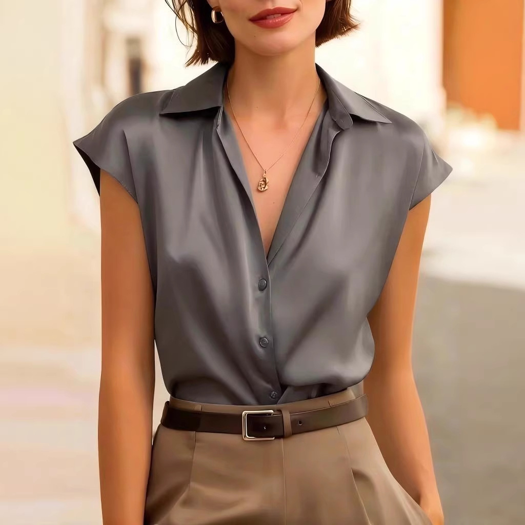 Women's Satin Short Sleeve Polo Collar Blouse