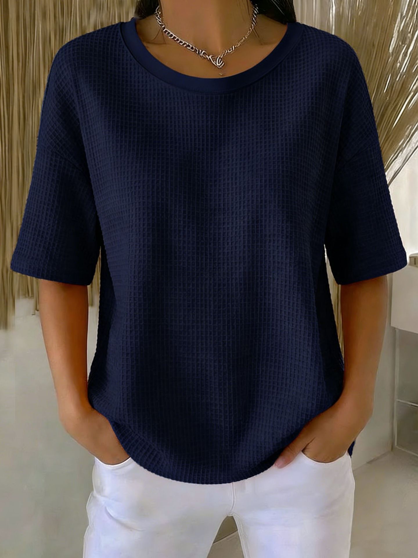 Women's Summer Waffle Knit Crewneck Short Sleeve Top