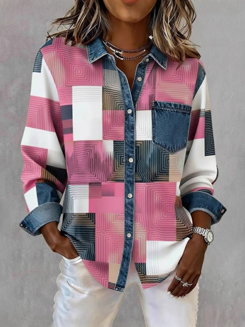 Women's Black and White Plaid Print Long Sleeve Shirt
