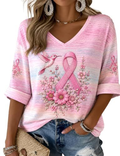 Women's V-Neck Long Sleeve Bird Ribbon Print T-Shirt