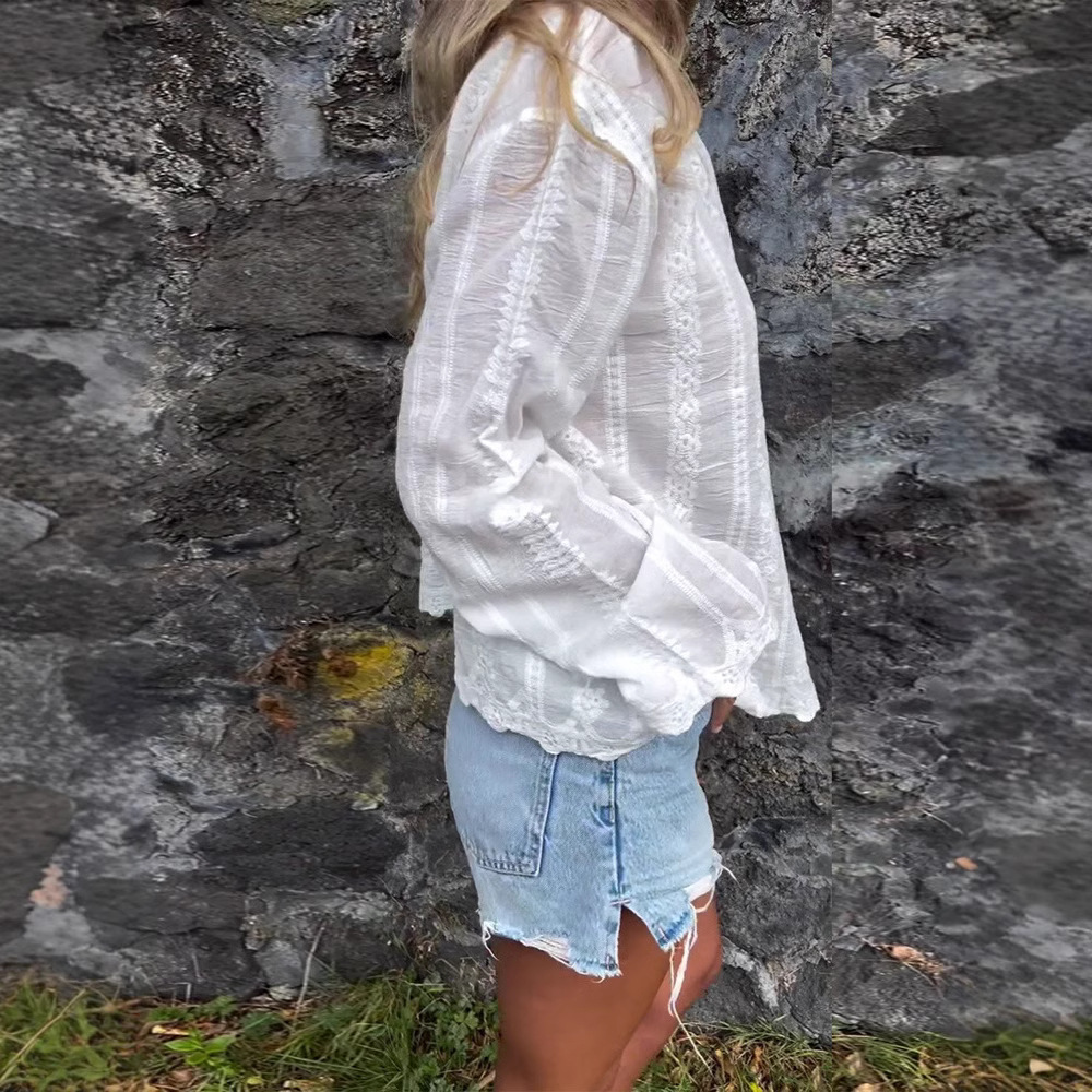 Solid Embroidered Cutout Polo Cardigan Top