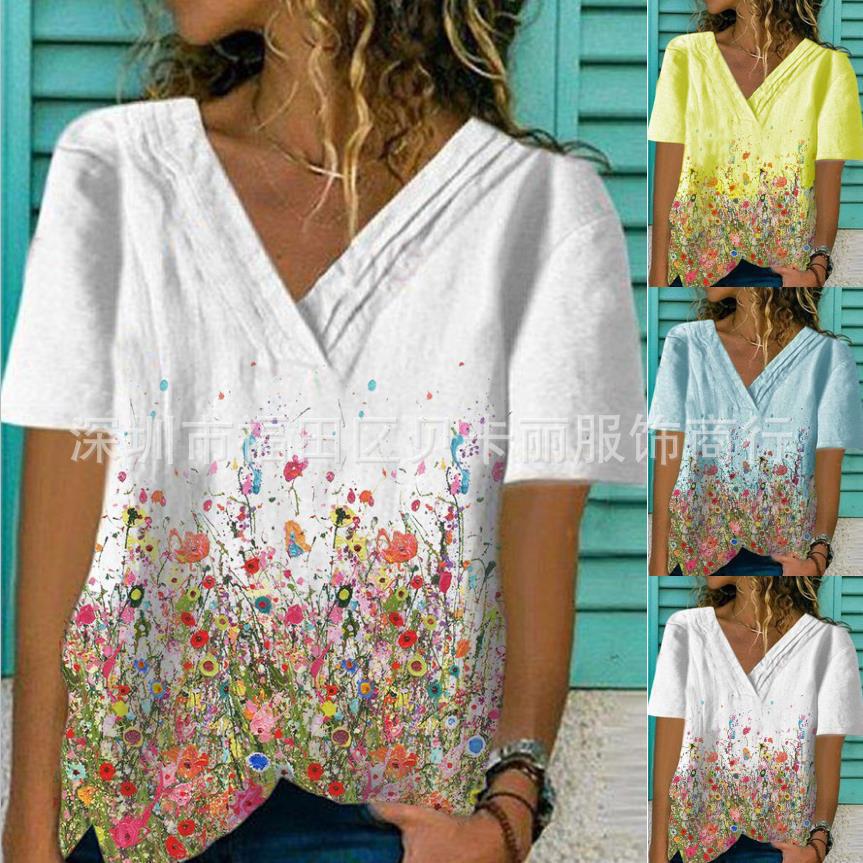 Women's Pleated V-Neck Printed Short Sleeve Pullover Blouse