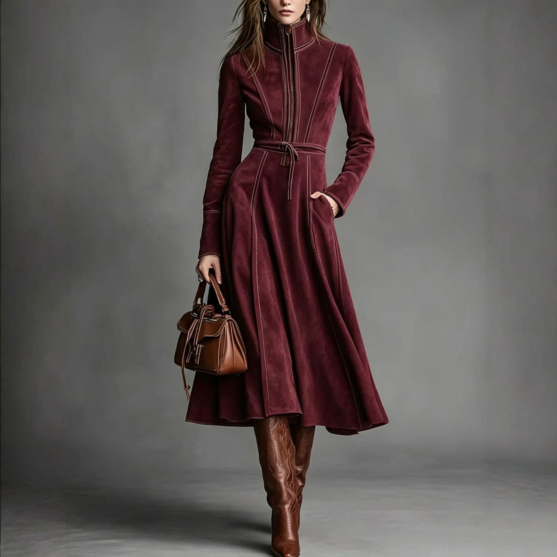 Elegant Vintage Faux Suede Zip-Up Long Dress with Waist Tie
