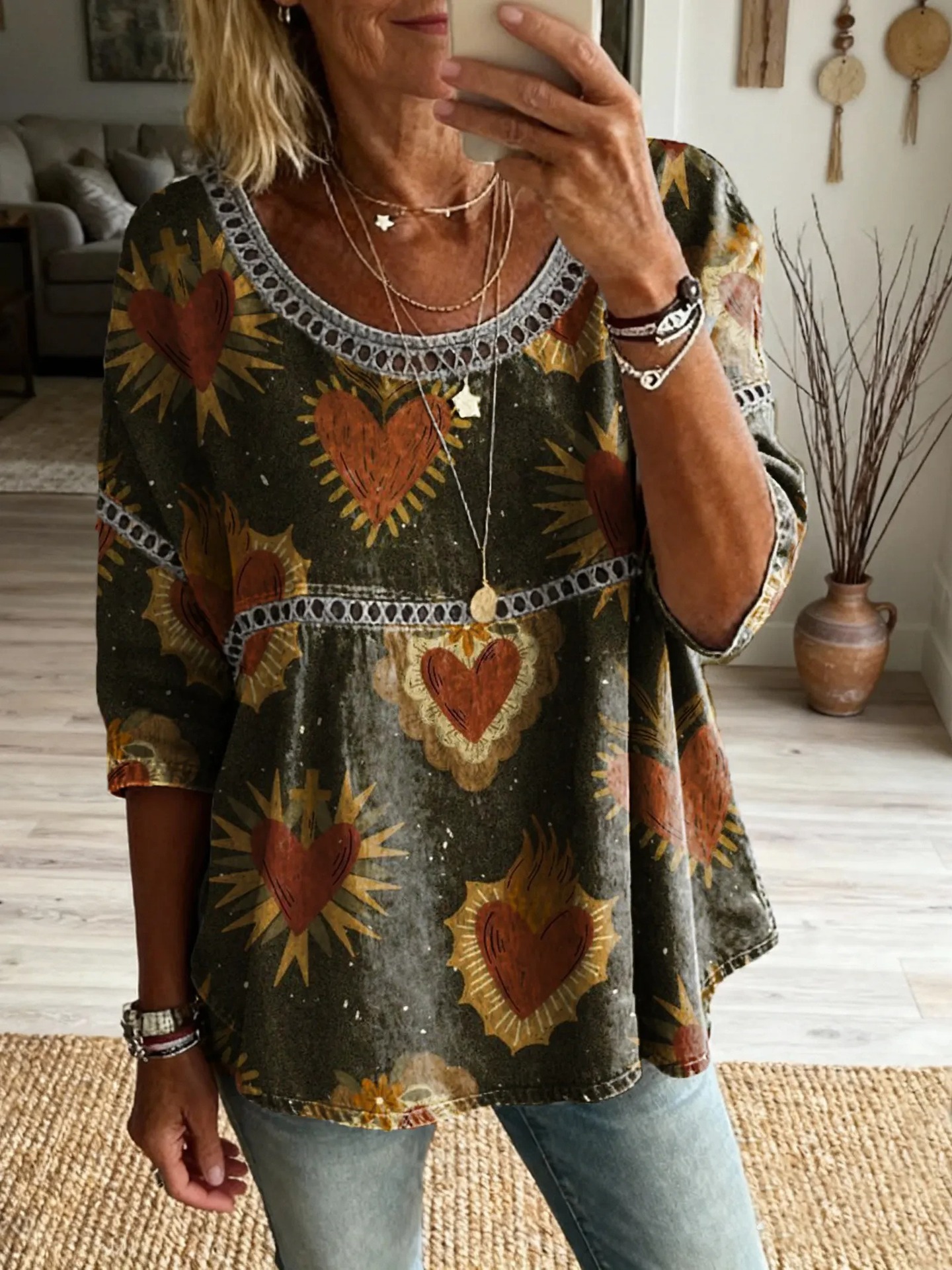 Women's Patchwork Lace Round Neck Vintage Top