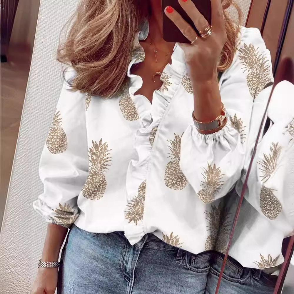 Women's Ruffle Trim Long Sleeve Blouse
