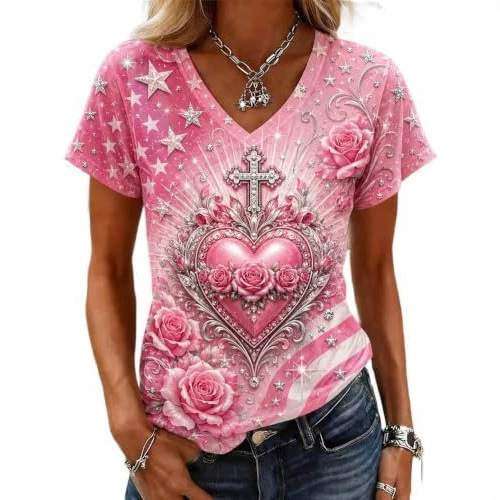 Heart Cross Skull Print V-Neck Short Sleeve Women's T-Shirt