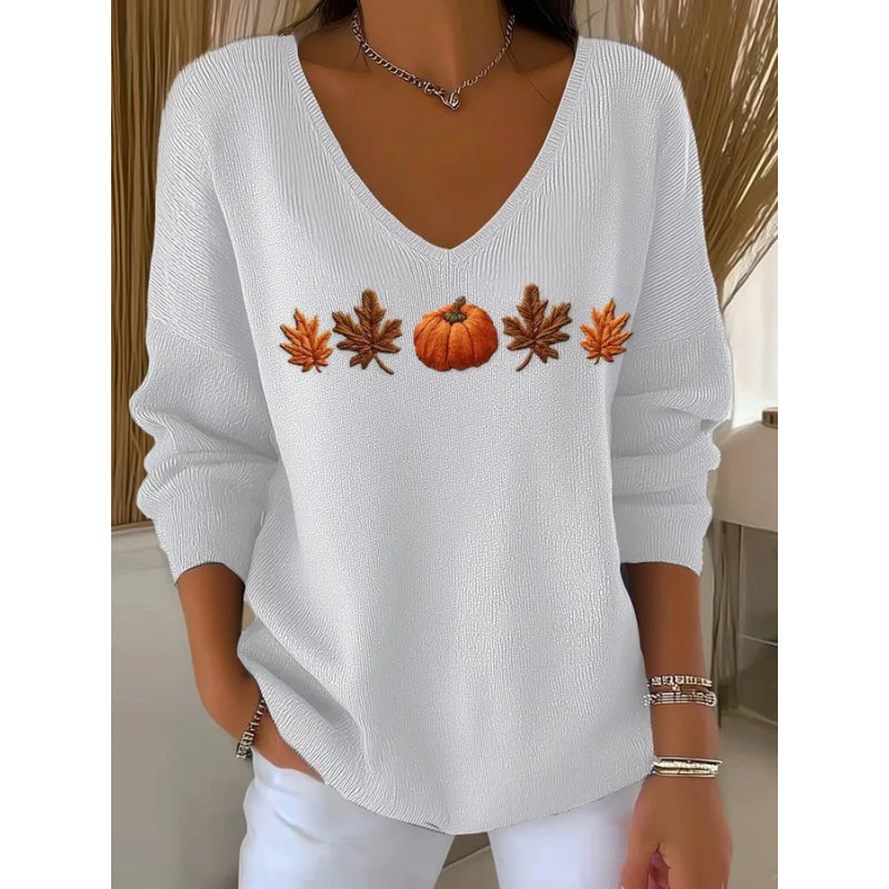 Women's Drop Shoulder V-Neck Long Sleeve 3D Digital Print Pullover Top