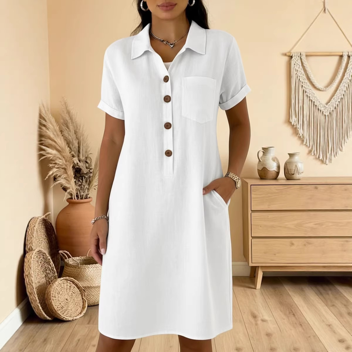 Women's Casual Button Cotton-Linen Short Sleeve Midi Dress