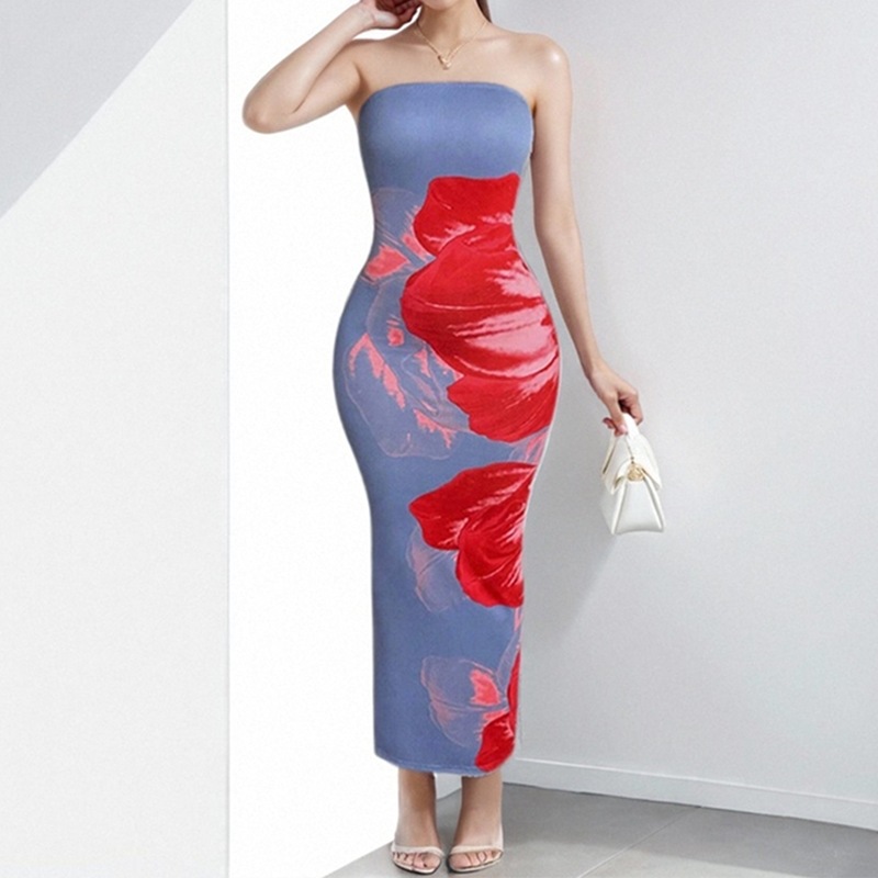 Sexy Printed Tube Top Split Bodycon Dress