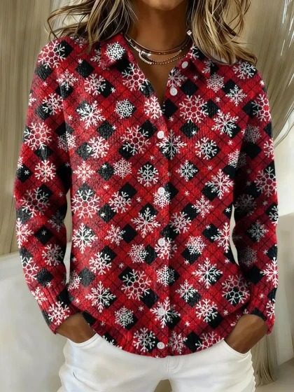 Women's Christmas Snowman Plaid Print Long Sleeve Shirt