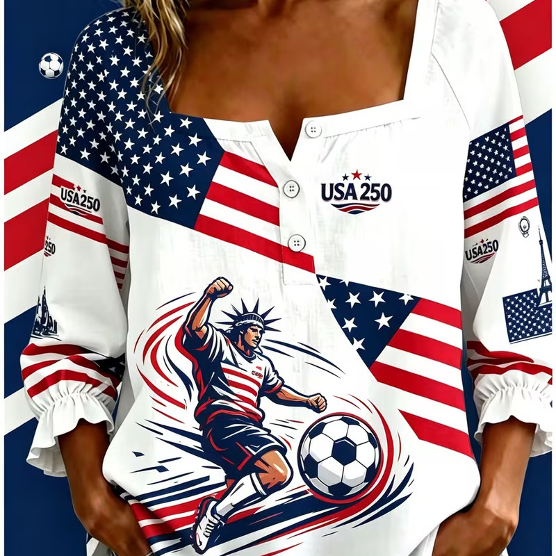 Women's Summer Football Print Long Sleeve Button-Up Shirt