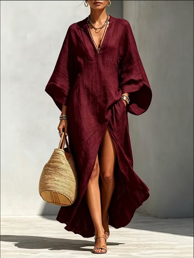 Women's V-Neck Batwing Sleeve Loose Long Vacation Dress
