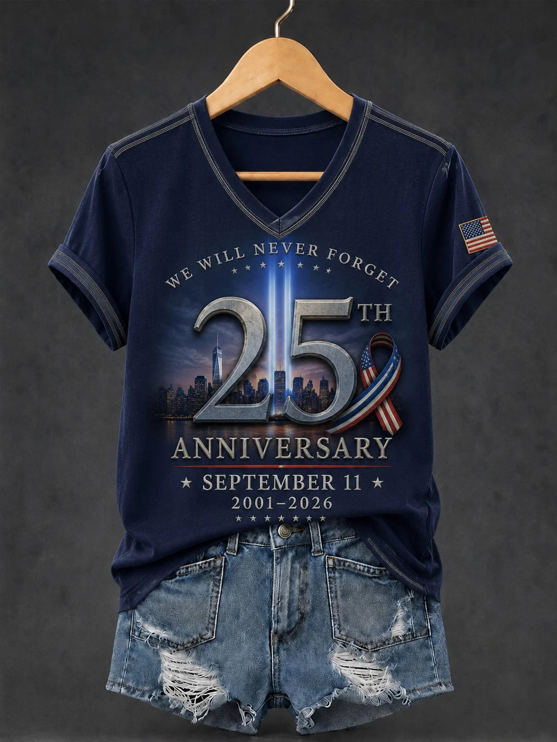 American Flag Twin Towers Print V-Neck Short Sleeve Women's T-Shirt