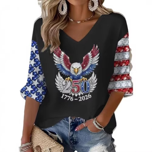 Women's V-Neck Long Sleeve Eagle Print T-Shirt