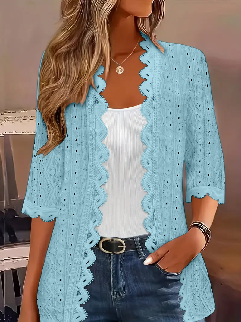 Women's Mid-Sleeve Open-Knit Cardigan with Hollow-Out Lace Collar