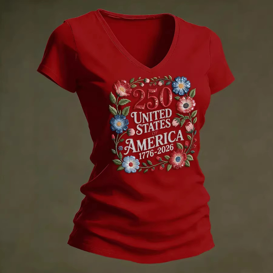 Women's Summer V-Neck Short Sleeve T-Shirt with 3D Digital Print