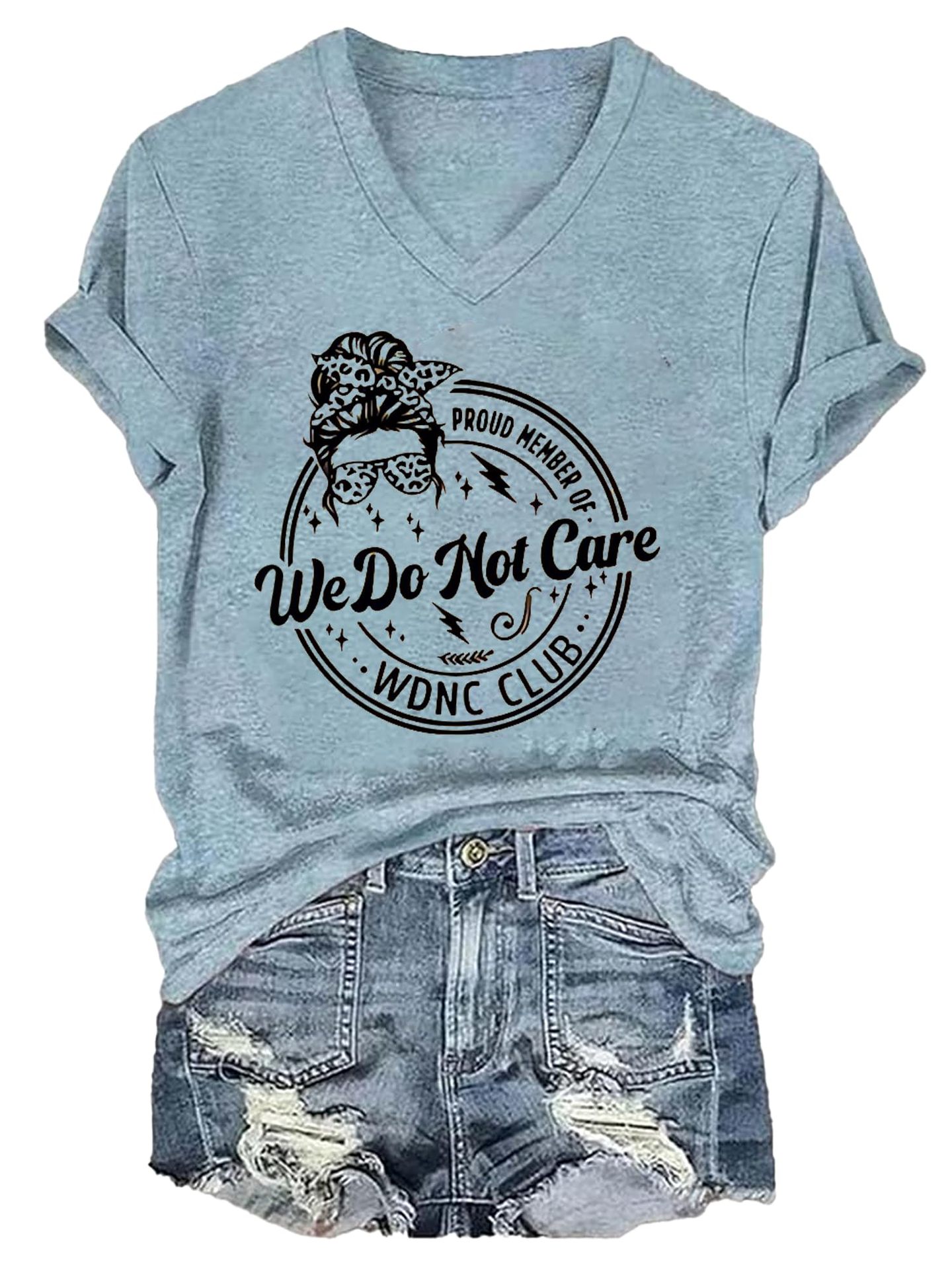 Women's Summer V-Neck Short Sleeve T-Shirt with Portrait Letter Print