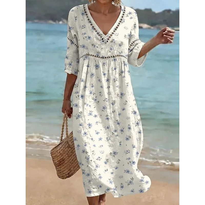 Women's Floral Print Pleated Midi Dress with Deep V-Neck and 3D Effect