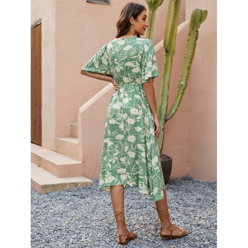 Boho Geometric Print V-Neck Short Sleeve Cinched Waist Midi Dress