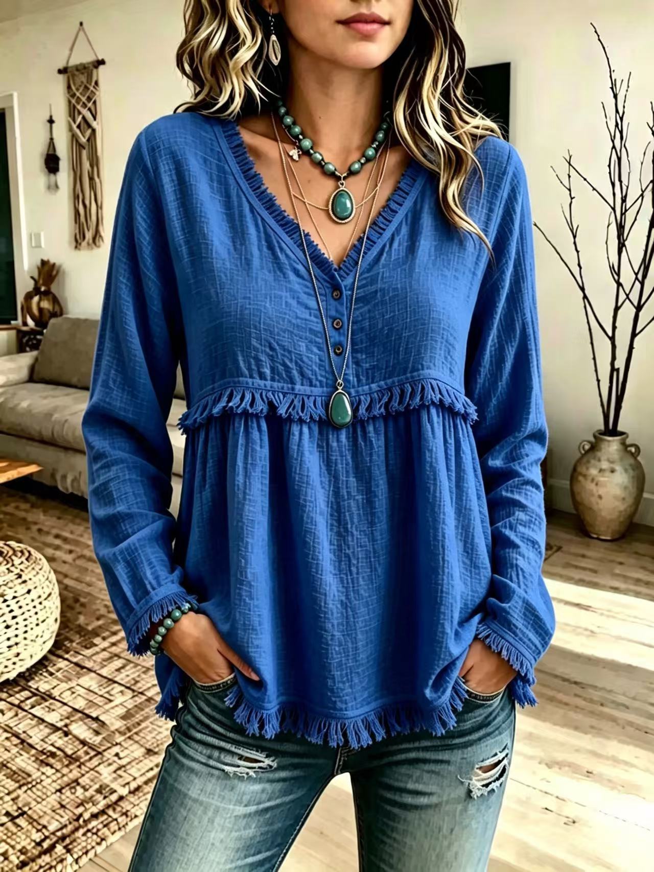 Women's Loose V-Neck Fringe Long Sleeve Solid Casual Top