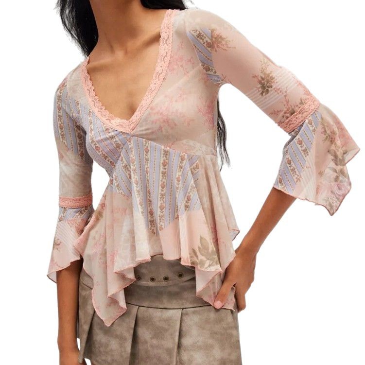 Women's V-Neck Floral Print Top Soft Korean Style Midi Blouse