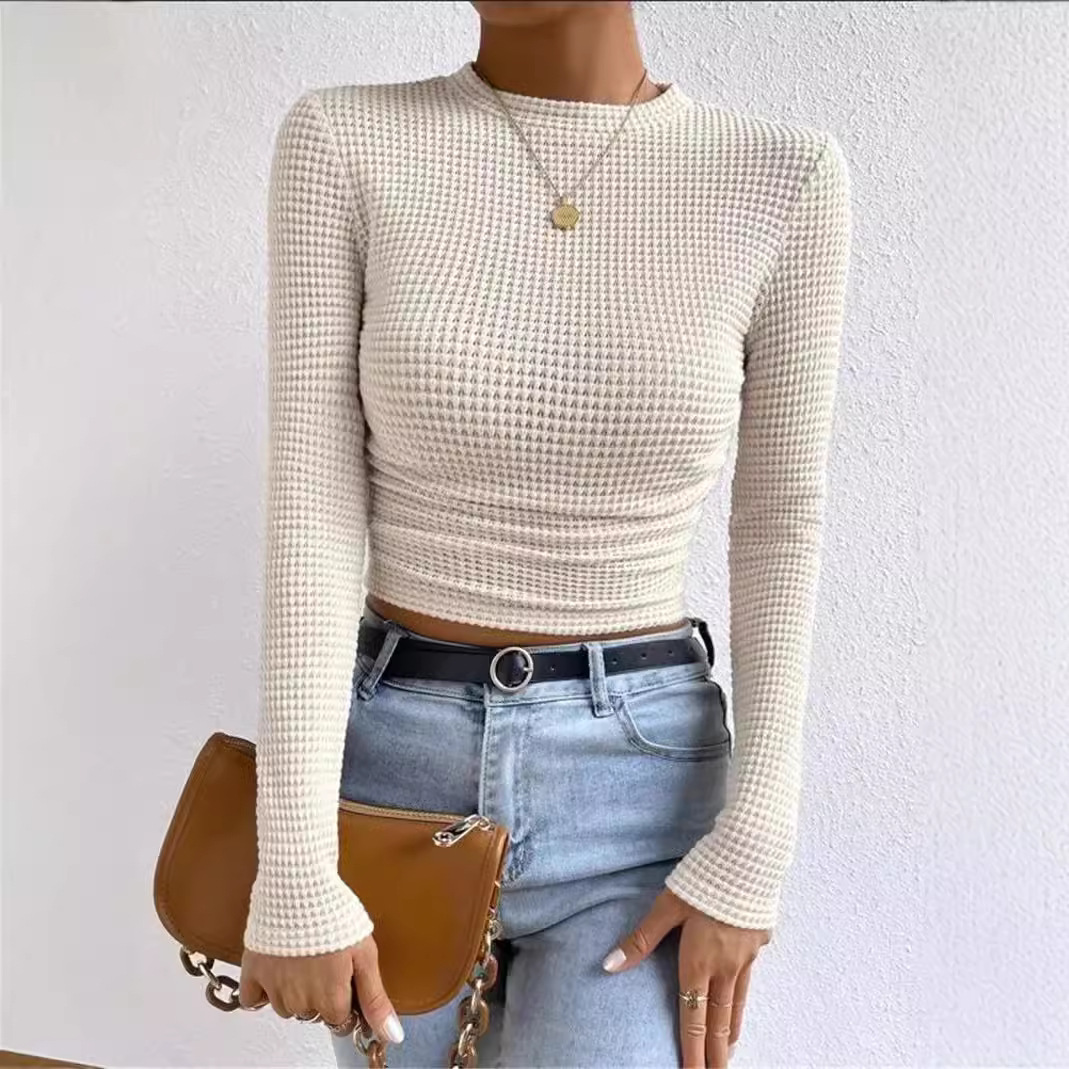 Women's Slim Fit Long Sleeve Plaid Round Neck Ruched Top