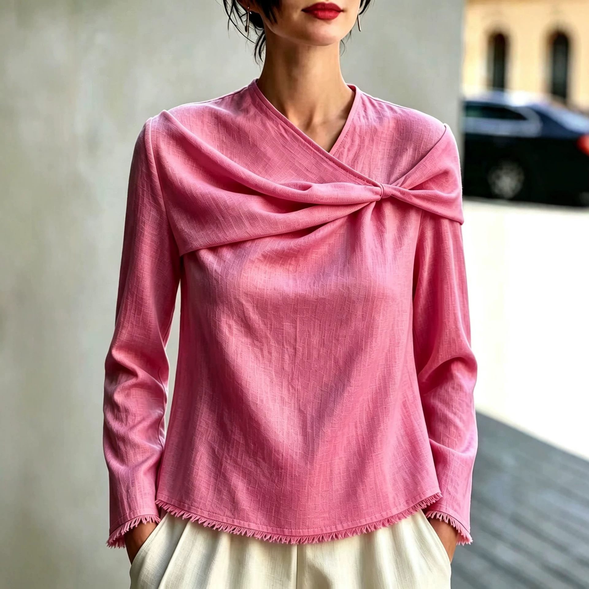 Women's Solid Cowl Neck Long Sleeve Loose Casual Shirt