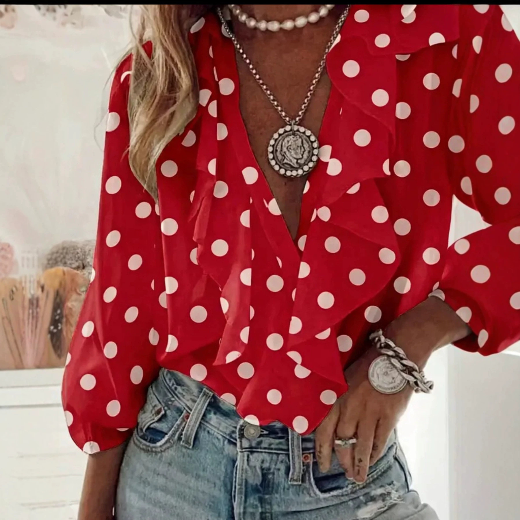 Women's V-Neck Polka Dot Ruffle Blouse Long Sleeve