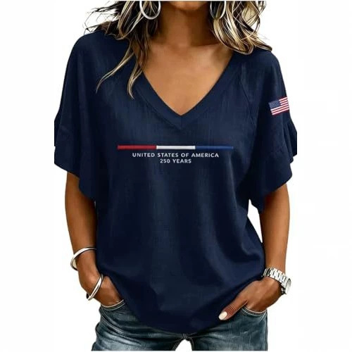 Women's V-Neck Rolled Sleeve T-Shirt with Letter Flag Print