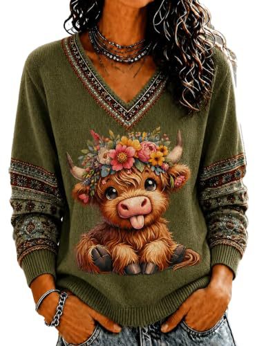 Floral Bull Head Print V-Neck Long Sleeve T-Shirt