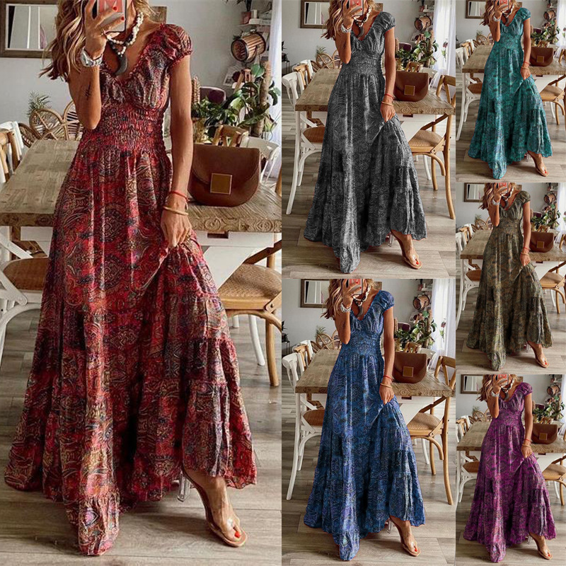 Bohemian Floral Print V-Neck High Waist A-Line Maxi Dress