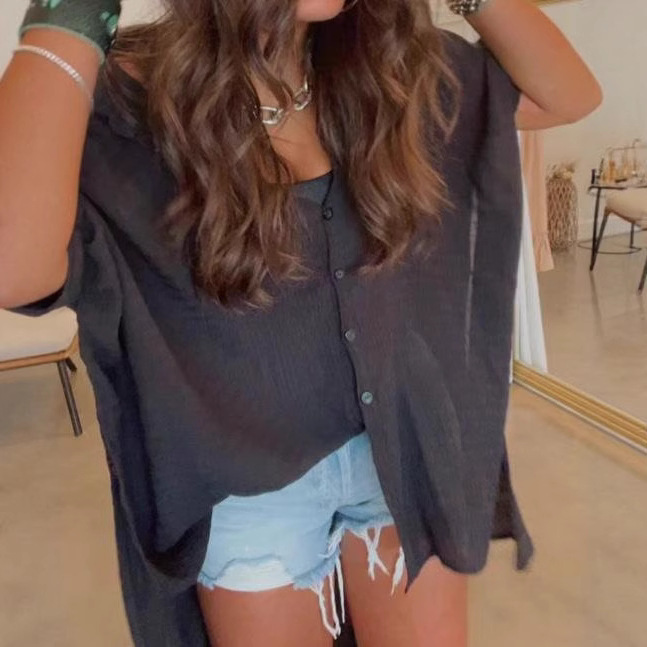 Women's Summer Casual Loose Short Sleeve Button-Down Shirt Solid Color Beach Blouse