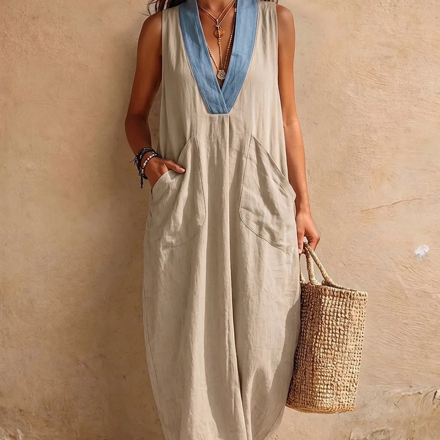 Women's Color-Block V-Neck Sleeveless A-Line Midi Dress