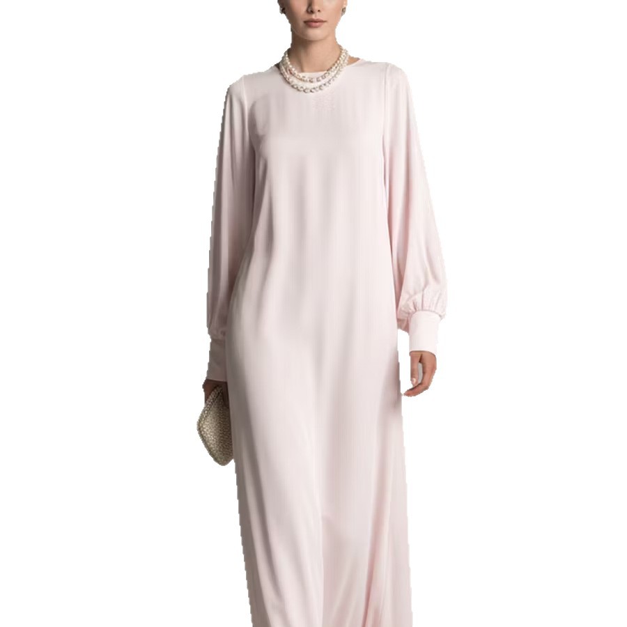 Solid Silk-Feel Lantern Sleeve Maxi Dress with Round Neck and Flowing Oversized Skirt