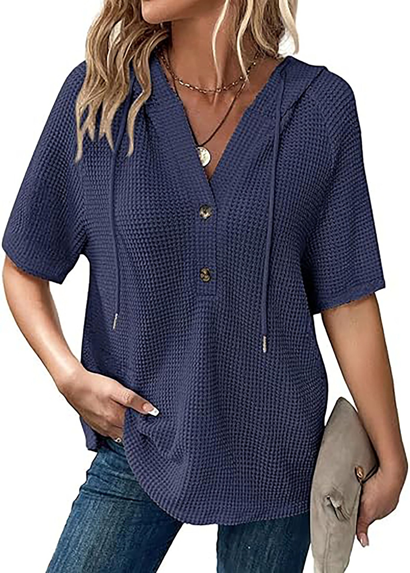 Women's Waffle Knit Short Sleeve Drawstring Hooded Button V-Neck Top