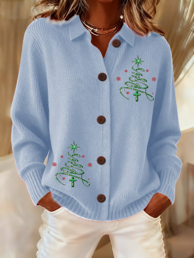 Women's Christmas Tree Snowflake Star Print Long Sleeve Shirt