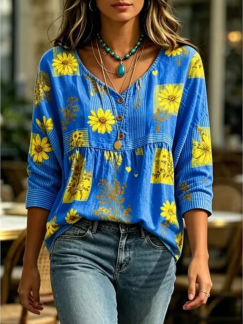 Women's Floral Print Half-Sleeve Button-Up Shirt