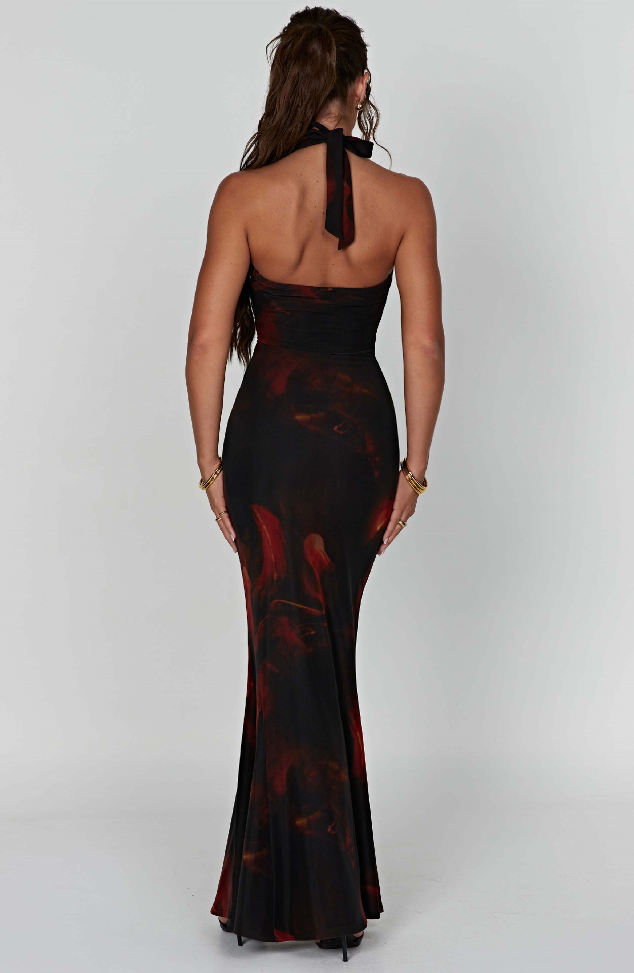 Women's Printed V-Neck Halter Open-Back Long Dress