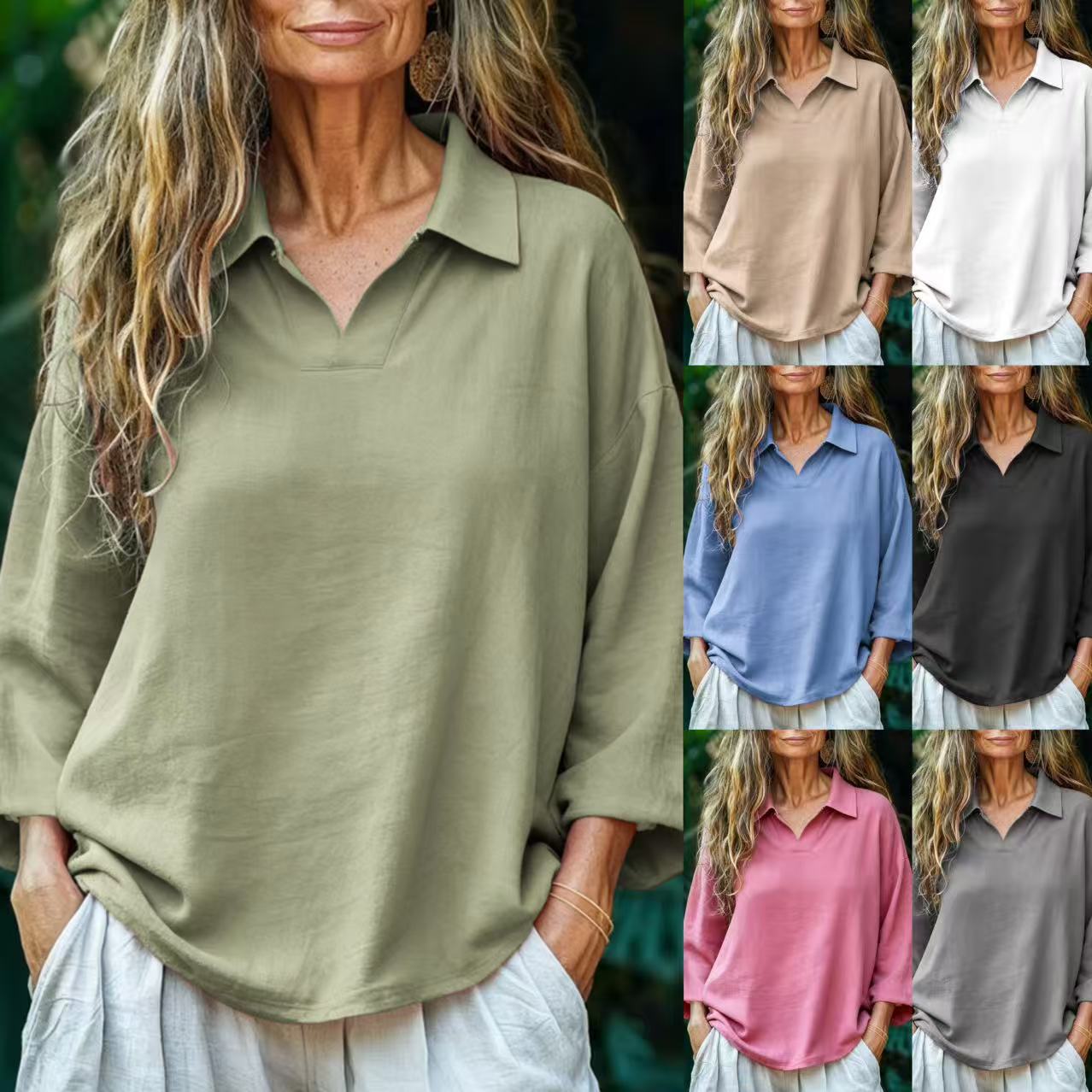 Women's Casual Loose Solid Color Button-Down Shirt with Lapel Collar and Long Sleeves