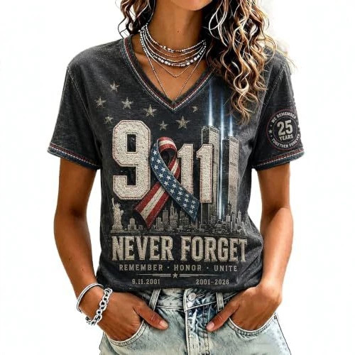 American Flag Twin Towers Print V-Neck Short Sleeve Women's T-Shirt