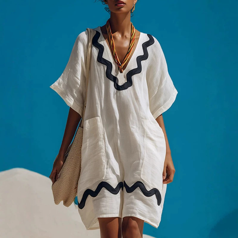 Vintage Wavy Edge White Cotton-Linen Short Sleeve Mini Dress