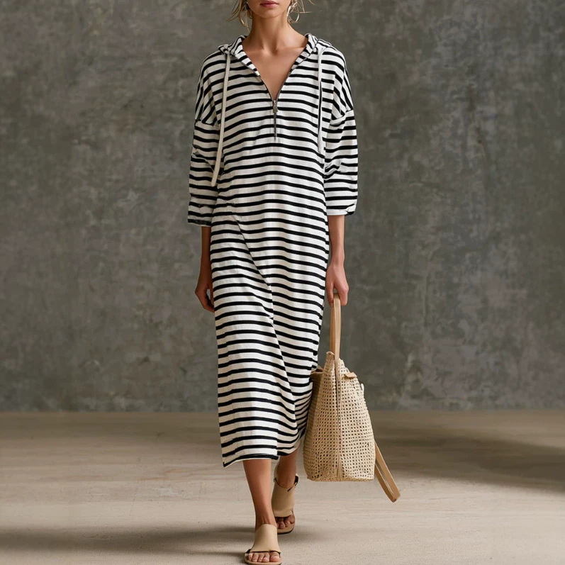 Retro Black and White Striped Hooded Midi Dress